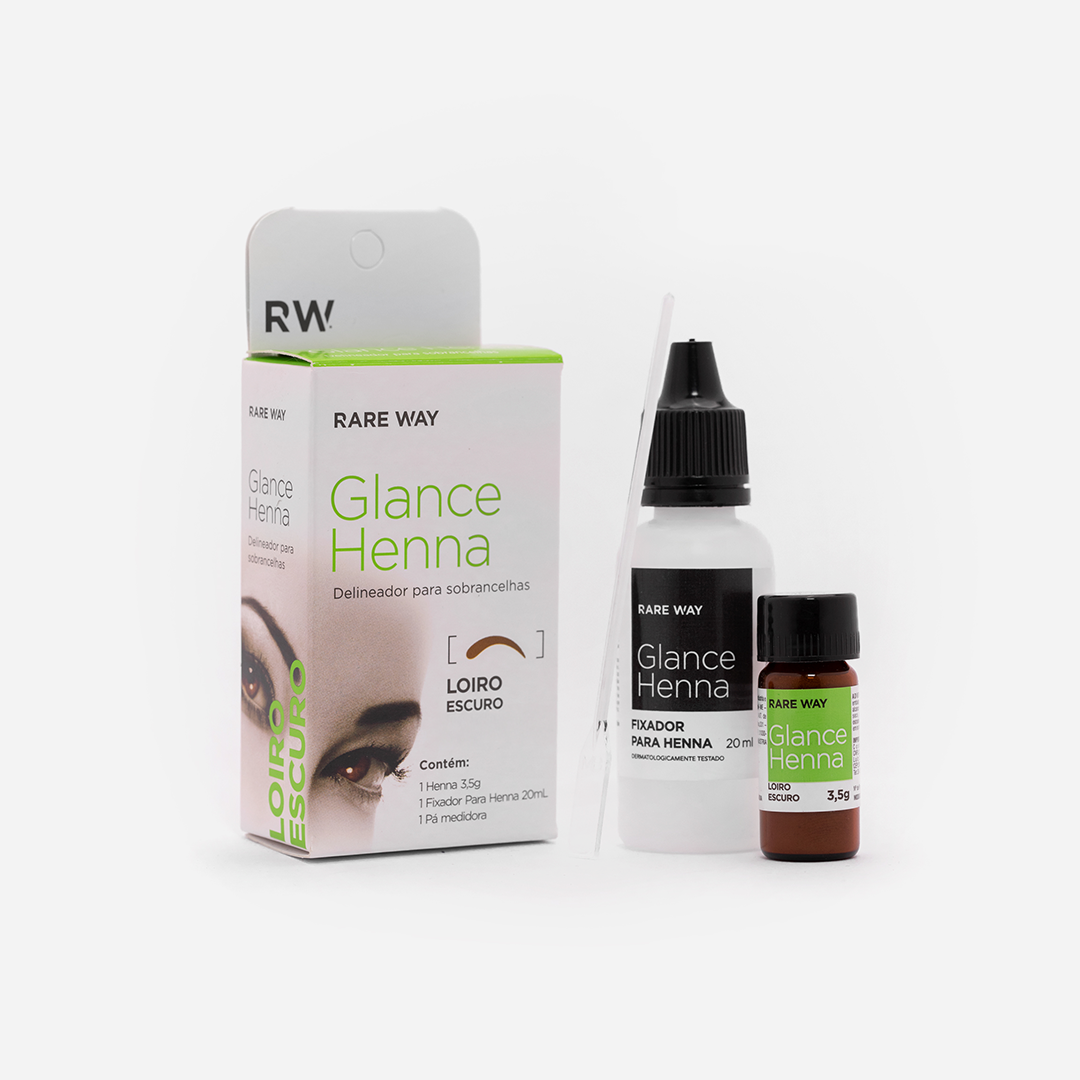 Rare Way Glance Henna Dark Blonde box, henna bottle, and fixer bottle on white background