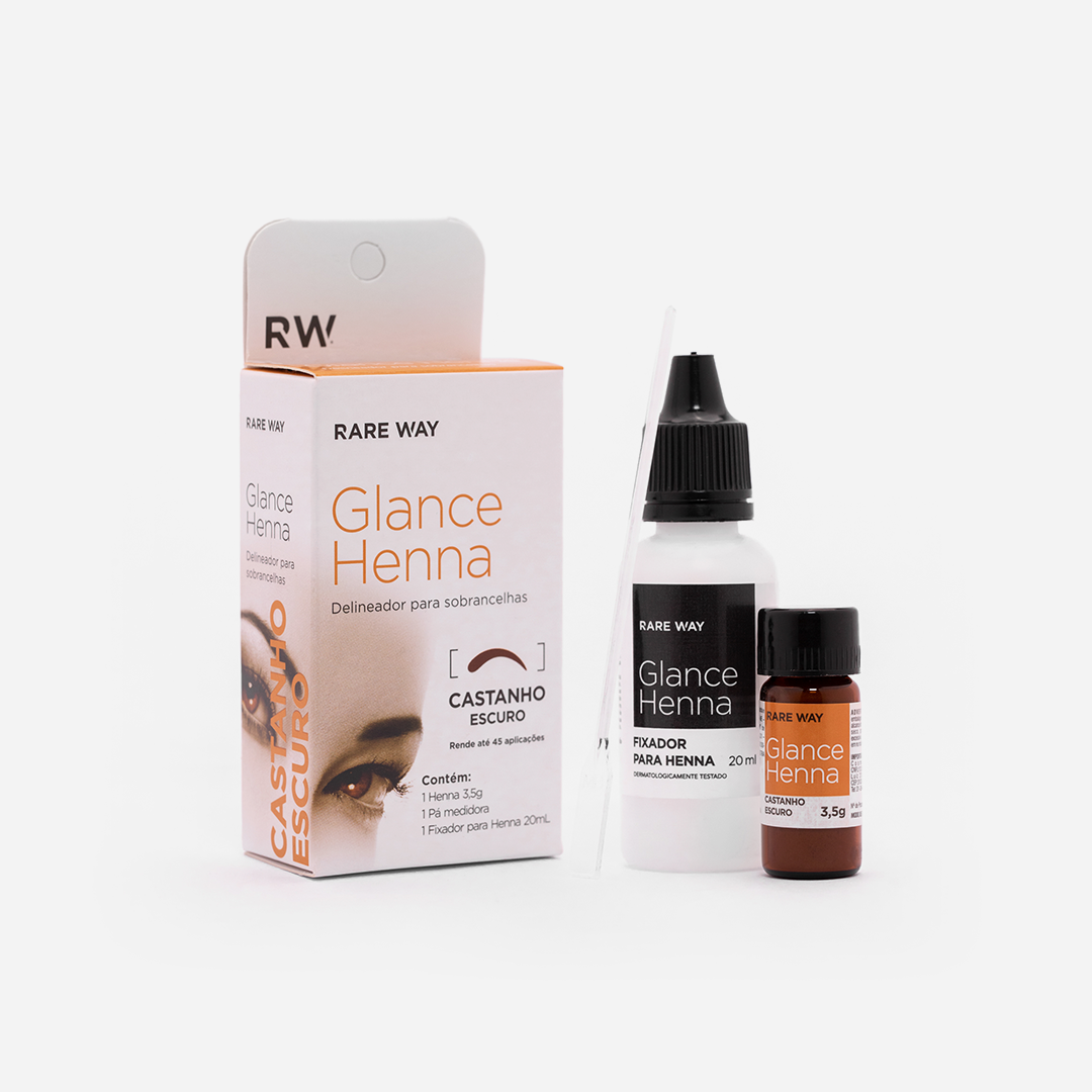 Rare Way Glance Henna Dark Brown box, henna bottle, and fixer bottle on white background