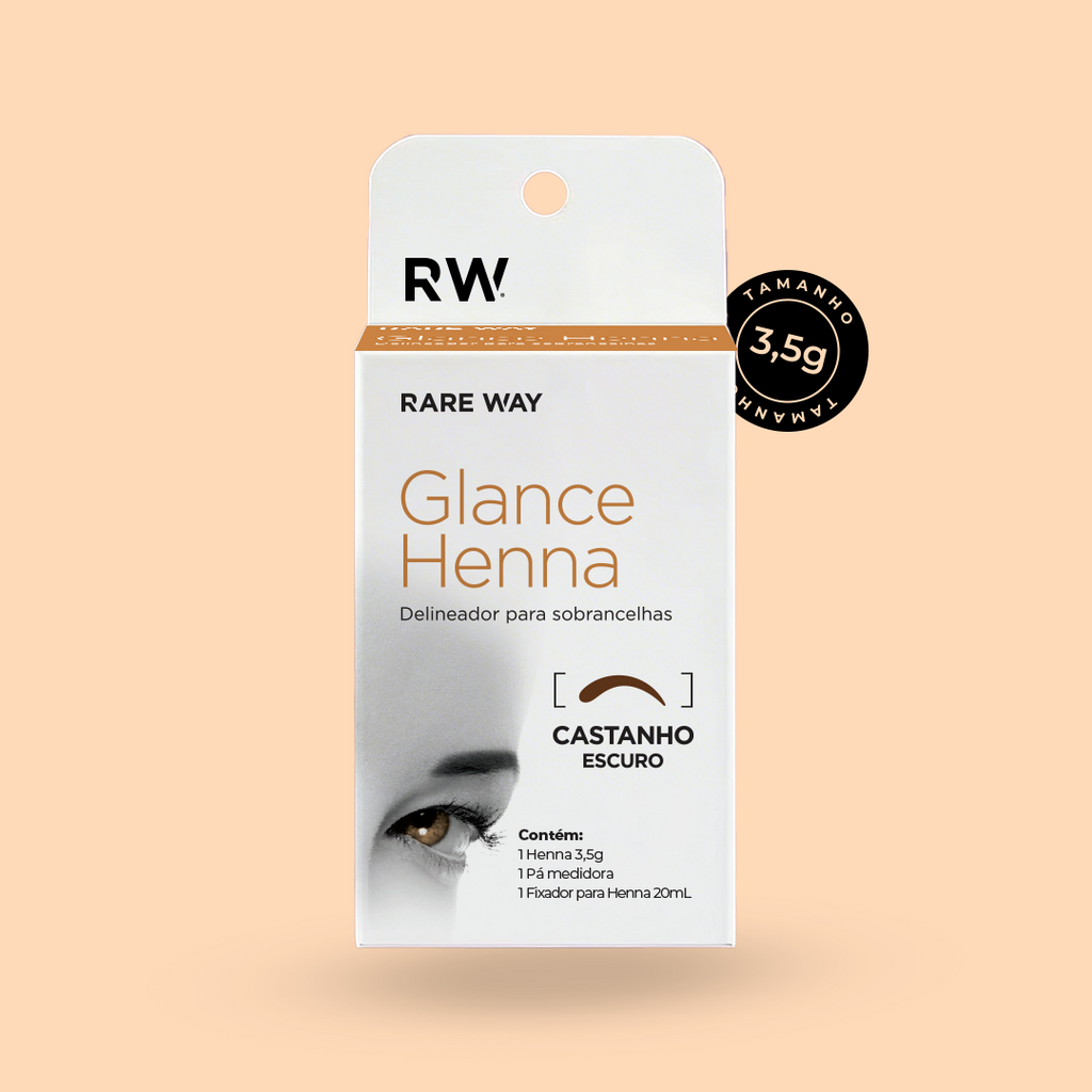 Rare Way Glance Henna Dark Brown retail box, angled view, 3.5g
