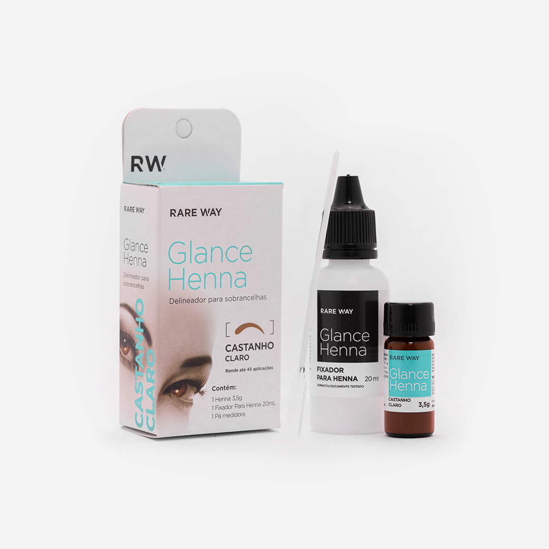Rare Way Glance Henna Light Brown box, henna bottle, and fixer bottle on white background