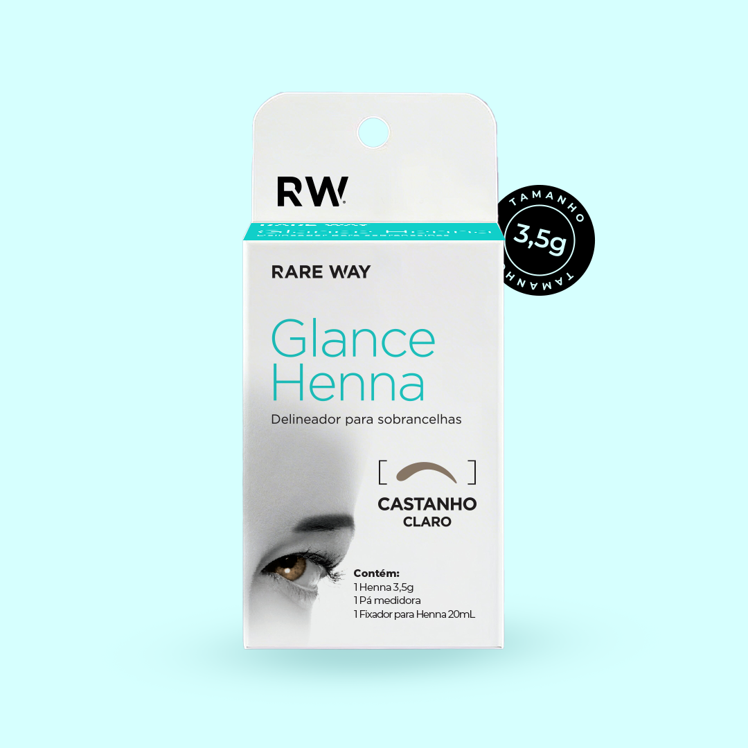 Rare Way Glance Henna Light Brown retail box, angled view, 3.5g