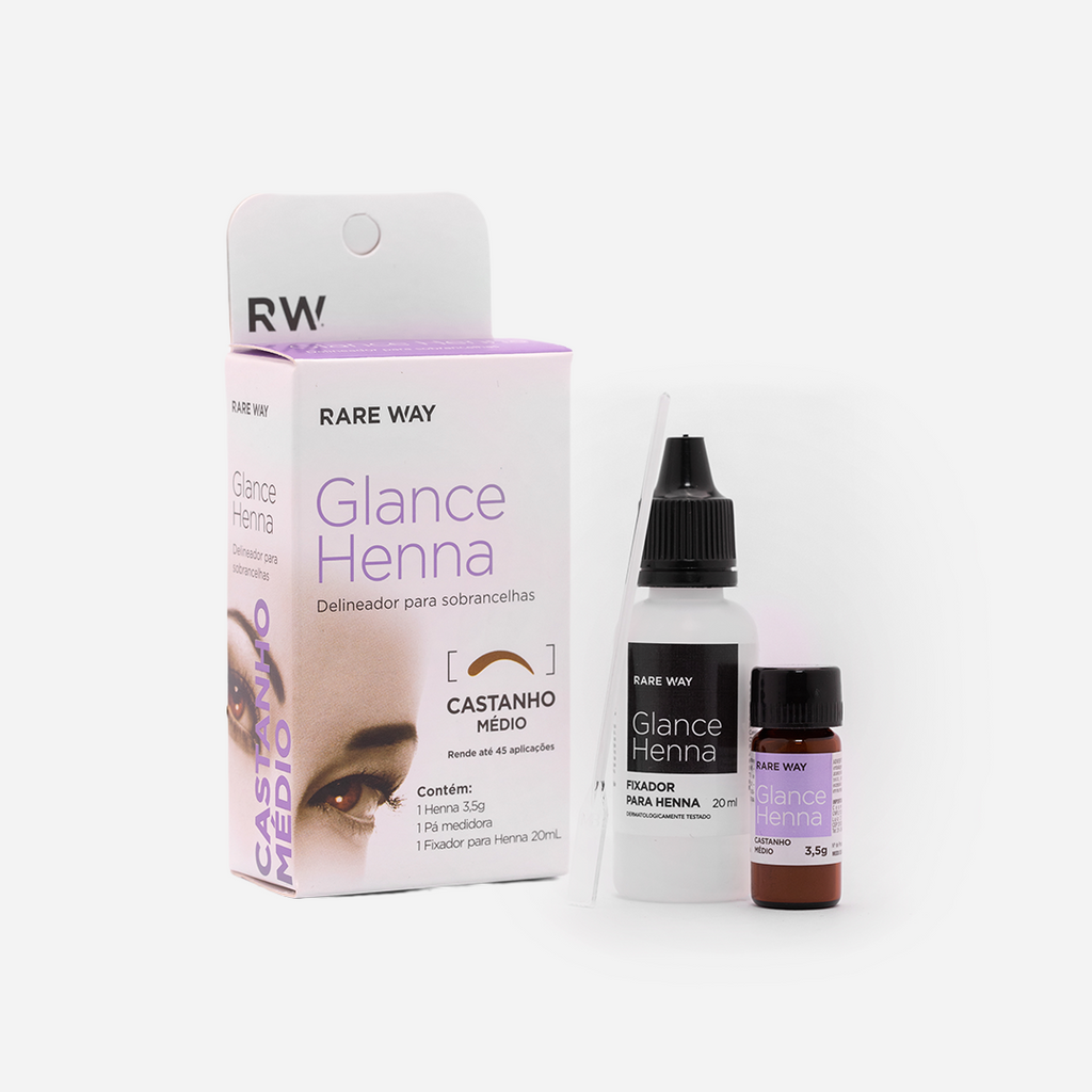 Rare Way Glance Henna Medium Brown box, henna bottle, and fixer bottle on white background