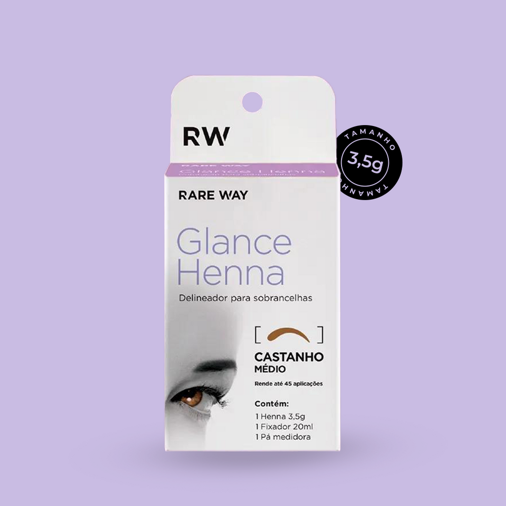 Rare Way Glance Henna Medium Brown retail box, angled view, 3.5g