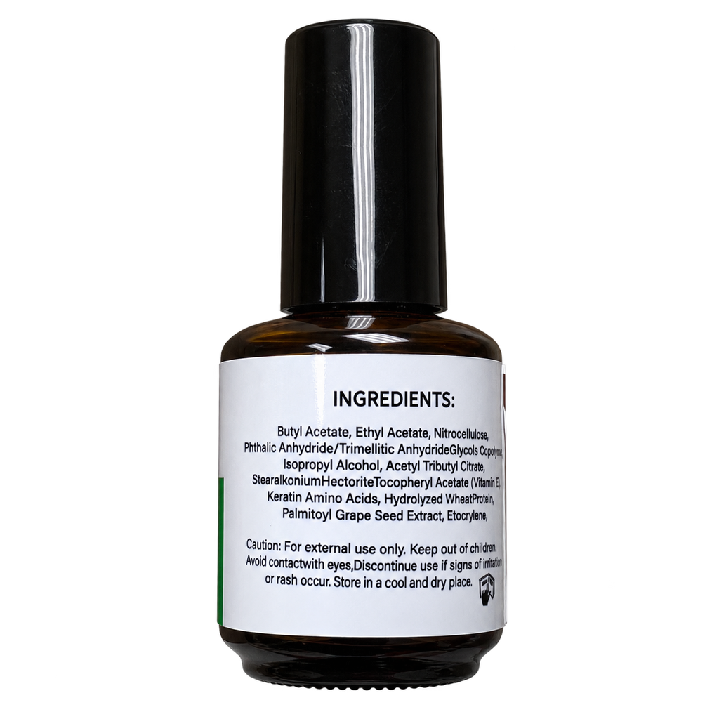 The WOW Studio Nail Strengthener back label with ingredients and caution
